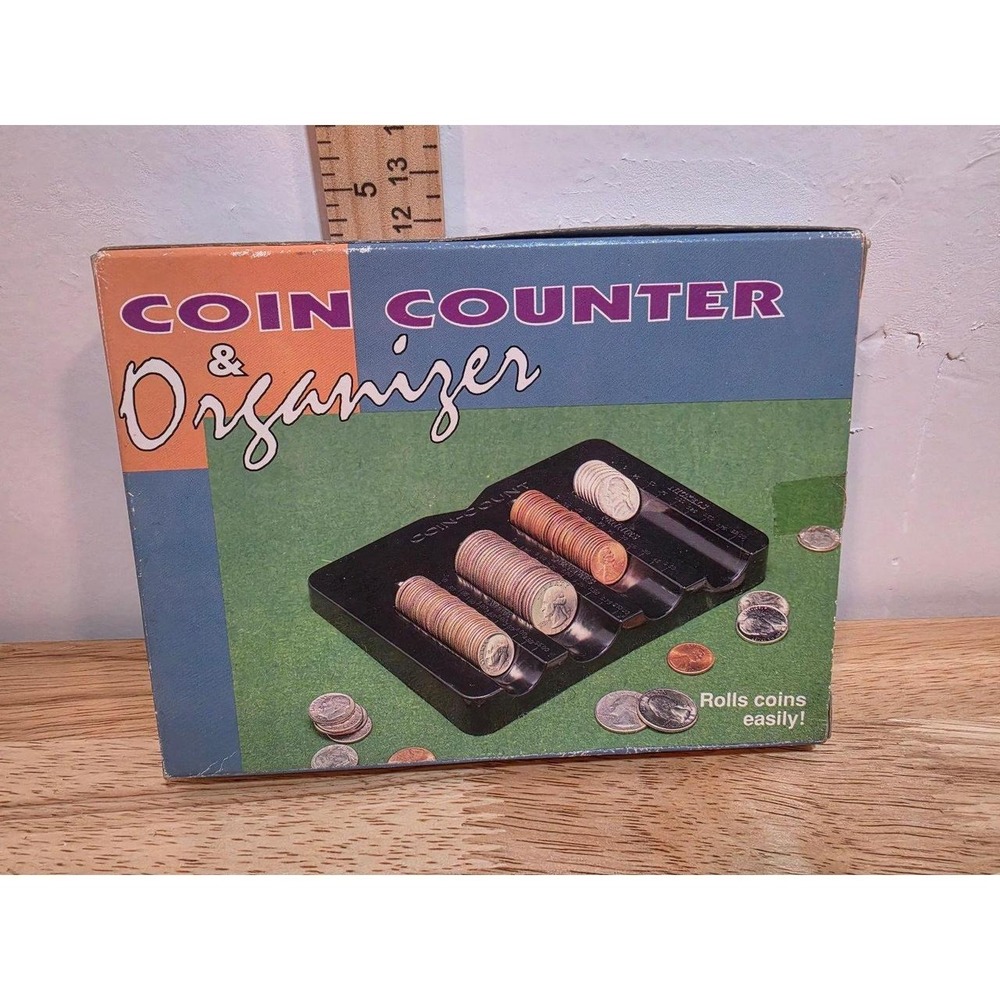 1990s vintage box for a Coin Counter & Organizer designed to sort and roll loose